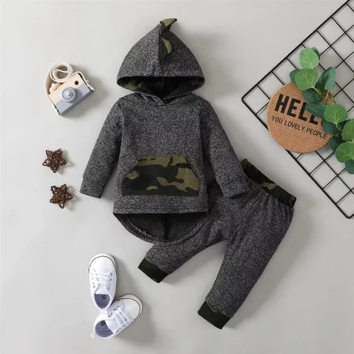 Vista 3 de Ropa para bebé niño pequeño, traje de otoño e invierno, manga larga, sudadera con capucha + pantalones, 2 piezas