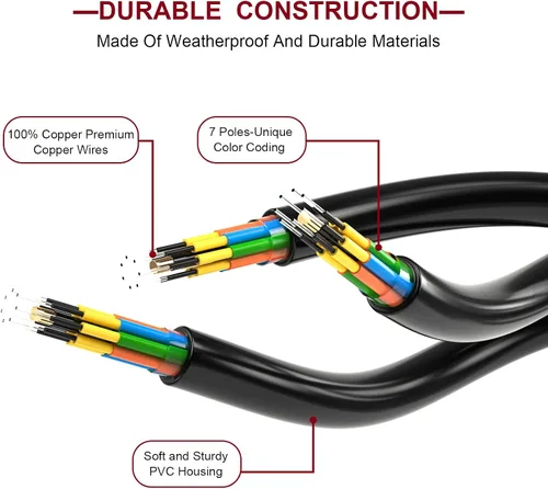 Vista 3 de Voilamart Cable de extensión de remolque de 7 vías, 8 pies, cable de cableado de enchufe de remolque de 7 pines con conector de doble clavija