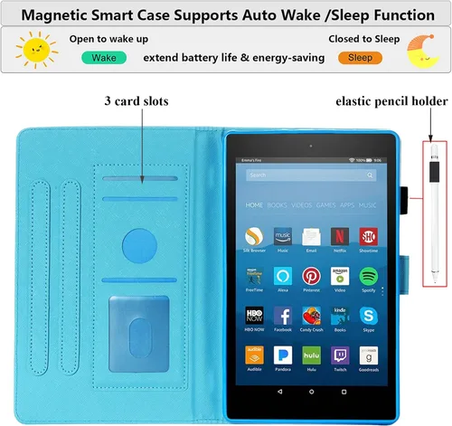 Vista 4 de Funda para tablet Fire HD 8 de 8ª/7ª/6ª generación de 8.0 pulgadas con soporte para lápices [encendido y apagado automático] ranuras para tarjetas