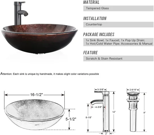 Vista 3 de Tocador de baño de 24 pulgadas con encimera de fregadero, vidrio templado, grifo de 1.5 GPM, bronce aceitado para gabinete y fregadero, incluye