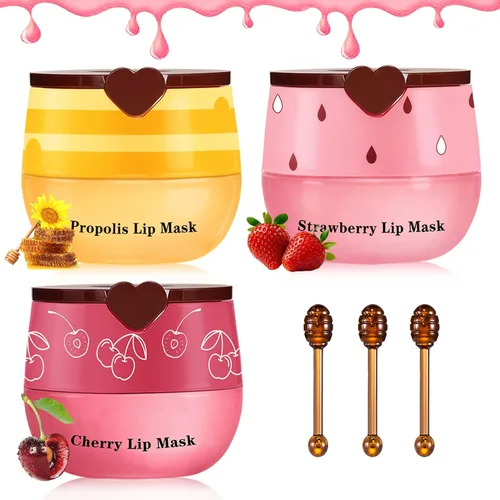 Vista 8 de 3 piezas de bálsamo labial de abeja, pote de miel, miel fresa manzana, mascarilla labial para dormir, bálsamo labial de abeja hidratante sedoso