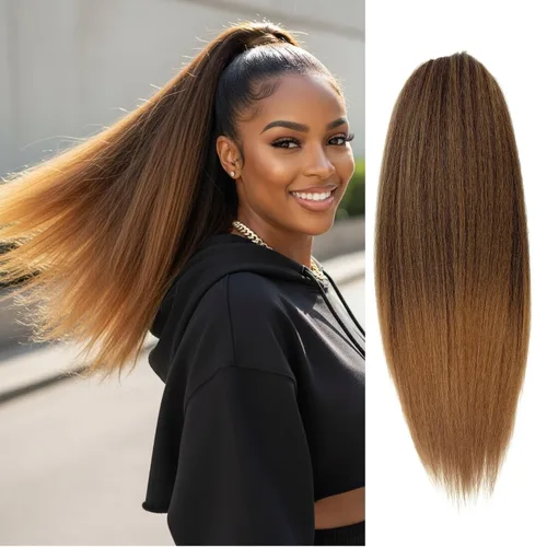 Vista 8 de Cola de caballo recta Yaki de 12 pulgadas con cordón para mujeres negras, sintética, gruesa, recta, longitud del hombro, extensión de cola