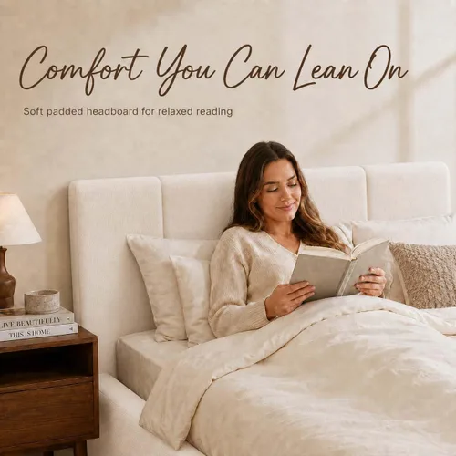 Vista 3 de Anwick Marco de cama King Cloud con cabecero, plataforma tapizada Blanco crema