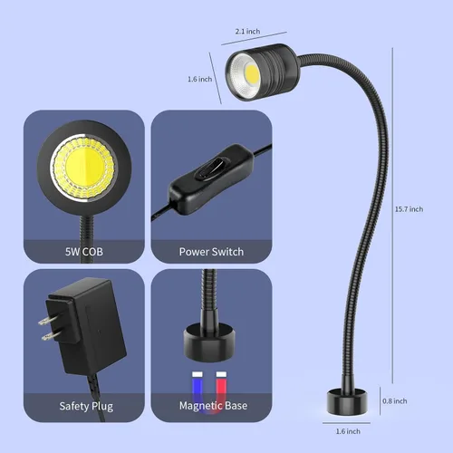 Vista 4 de Luz de trabajo magnética LED de 15.748 in Lámpara de cuello de cisne flexible 500 lúmenes 120 voltios para máquina de coser, torno de fresado