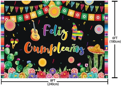 Vista 5 de AIBIIN Telón de fondo de Feliz Cumpleaños de 8 x 6 pies, fiesta mexicana, feliz cumpleaños, Cinco de Mayo, Taco, fotografía, fondo, festival