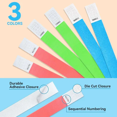 Vista 5 de 150 pulseras de papel para eventos, pulseras de papel, impermeables, imprimibles (verde, azul, rojo)