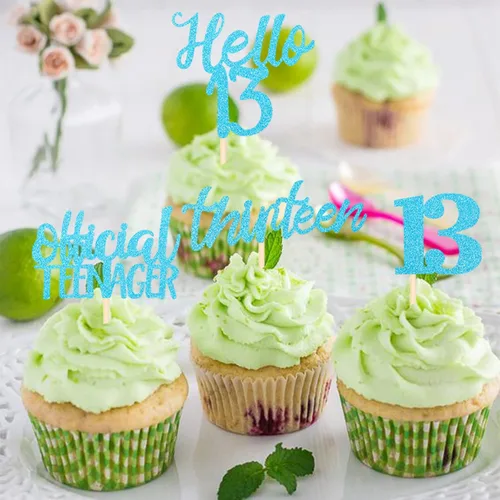Vista 5 de 24 piezas de decoraciones oficiales para cupcakes de cumpleaños número 13 Hello 13 Thirteen Cupcake Picks 13th Birthday Cake Decor Supplies azul