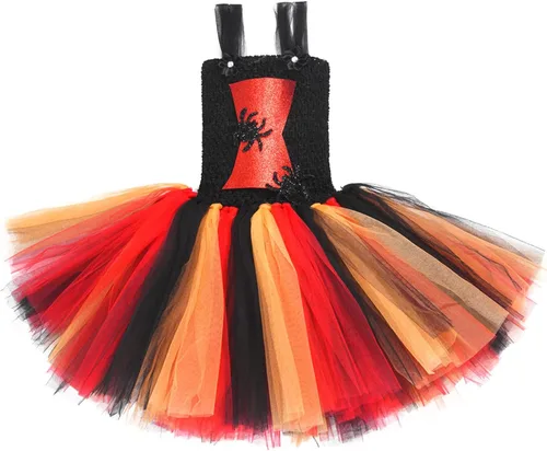 Vista 5 de LUCKYGAL Disfraz de Halloween para niñas, vestido de tutú de bruja araña, ropa de cosplay con diadema