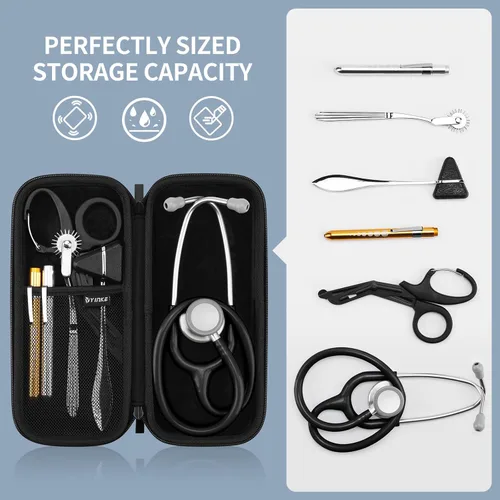 Vista 2 de Funda para estetoscopio Littmann Classic III, Lightweight II S.E de 3M, Acoustica Deluxe de MDF, espacio para accesorios de enfermera y equipo Negro