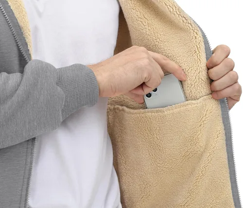 Vista 7 de CRYSULLY Chaqueta con forro de sherpa para hombre, con cremallera completa, sudadera con capucha para invierno