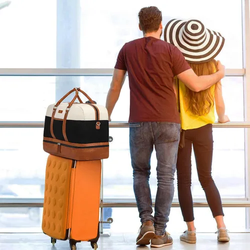 Vista 141 de IBFUN Bolsas de fin de semana para mujer, bolsa grande de lona para viaje, bolsa de viaje con compartimento para zapatos, 21 pulgadas, juego de 3