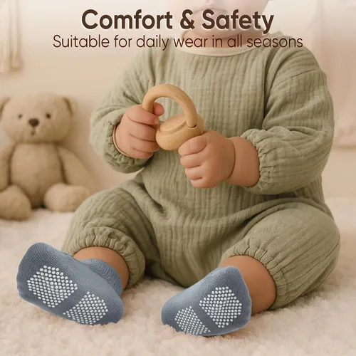 Vista 4 de HONGTEYA 9 pares de calcetines para niños pequeños, calcetines antideslizantes de algodón para bebés con agarres de 0 a 5 años