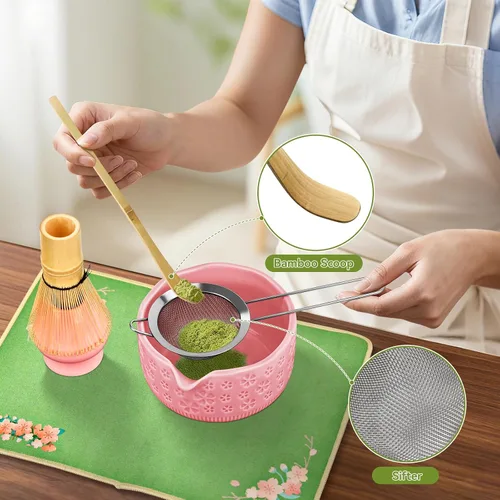 Vista 8 de Juego de batidor de matcha, kit de 7 piezas de fabricación de matcha con cuenco matcha, batidor y soporte de matcha, cuchara de bambú, soporte