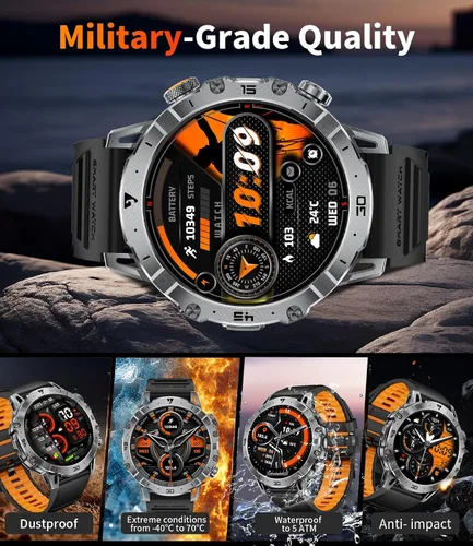 Vista 8 de Reloj Inteligente Militar para Hombres (3 Bandas), Relojes Inteligentes con Pantalla HD Grande de 1.7" y 1000mAh con Linterna LED para Android iOS