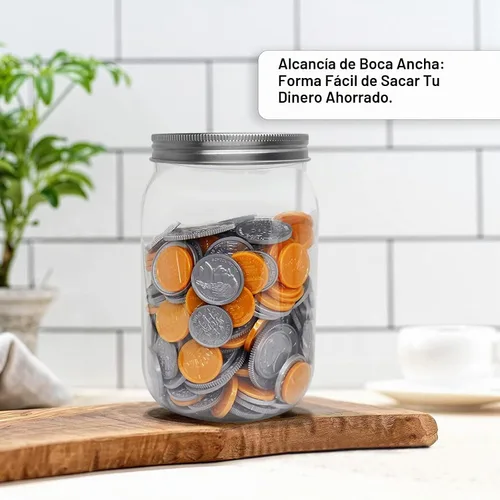 Vista 5 de Paquete de 4 tarros pequeños para monedas, de plástico transparente de 16 onzas, con tapas ranuradas plateadas, pequeñas alcancías de plástico