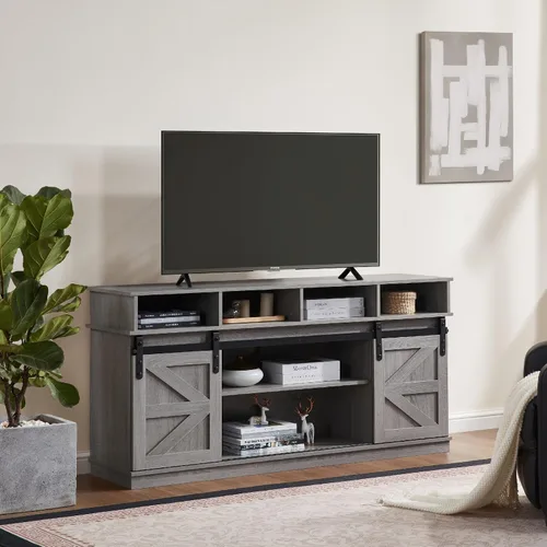 Vista 3 de Soporte de TV con puerta corrediza de granero, centro de entretenimiento de madera moderna y rústica, armario de almacenamiento, mesa de estar