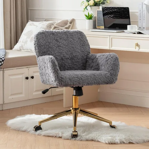 Vista 12 de HomVent Bonita silla de oficina peluda, moderna silla de piel sintética negra con ruedas y base dorada, silla giratoria ergonómica ajustable