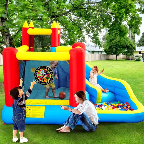 Vista 6 de WELLFUNTIME - Casa inflable para saltar con tobogán, castillo hinchable con ventilador, pared de escalada, diana, aro de baloncesto y 50 pelotas