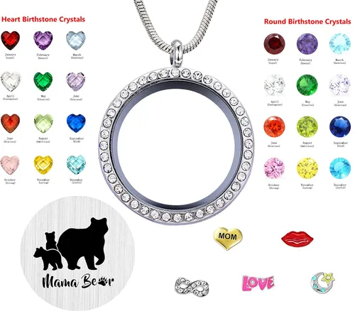 Vista 6 de Collar con colgante para mamá, medallón flotante con 24 piedras natales y abalorios para mujeres y niñas, regalo para madre
