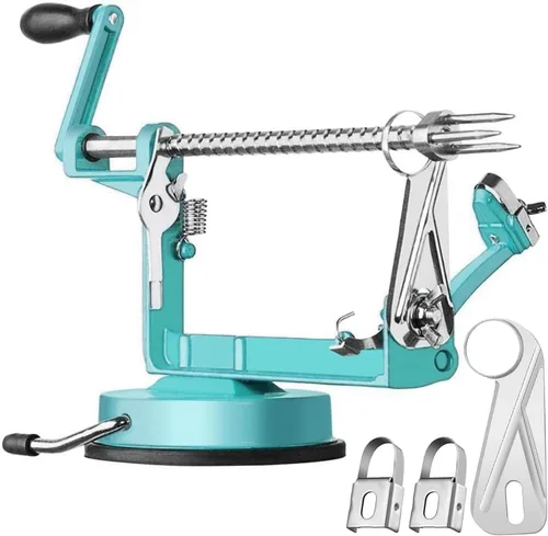 Vista 7 de Pelador Rebanador Descorazonador de Manzanas con Cuchillas de Acero Inoxidable y Potente Base de Succión para Manzanas, Peras, Papas (Rojo)