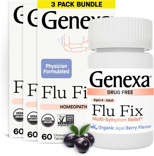 Vista 8 de Genexa Flu Fix Remedio Multi-Síntoma para el Resfriado para Niños y Adultos Alivia Dolores, Fiebre, Congestión Sabor a Acai Berry Orgánico