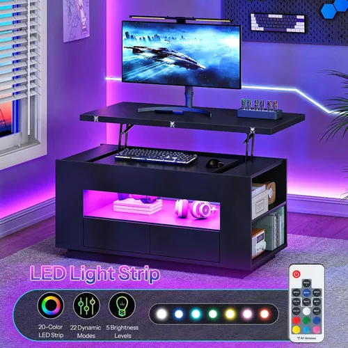 Vista 8 de CHOEZON Mesa auxiliar elevable de 40 pulgadas con 2 cajones, luces LED y almacenamiento, mesa central multiusos 4 en 1 con base flotante, para sala