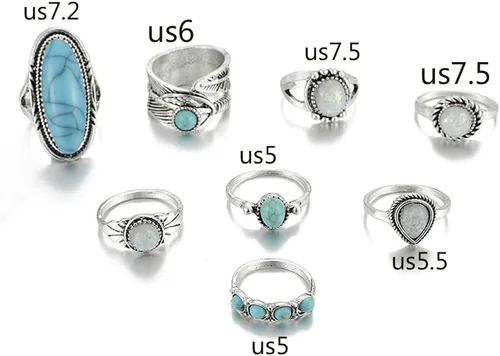 Vista 5 de Juego de 8 anillos de plata bohemia, tallados en nudillos, ovalados, verde, turquesa, ópalo, midi, plata, anillos punk, joyería para mujeres
