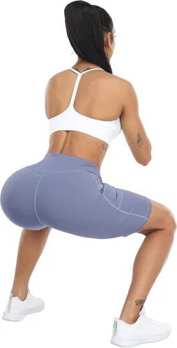 Vista 5 de WHOUARE Paquete de 4 pantalones cortos de yoga con bolsillos para mujer, cintura alta, atléticos, correr, entrenamiento, gimnasio, control de abdomen
