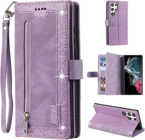 Vista 10 de UEEBAI Funda tipo cartera para Samsung Galaxy S22 5G, Retro 9 ranuras para tarjetero, bolsillo con cremallera, cierre magnético, función atril