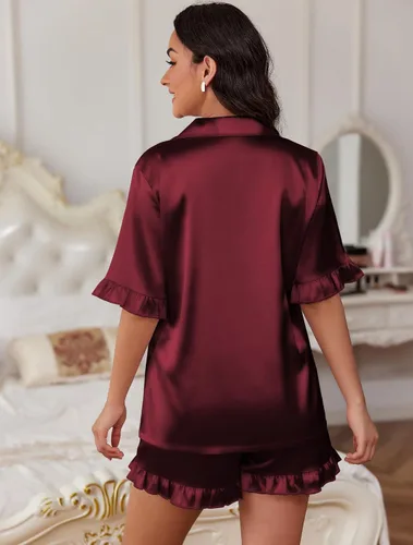Vista 2 de Ekouaer Conjunto de pijama de satén de seda con volantes para mujer, conjunto de pijama con botones S-XXL