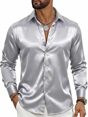 Vista 19 de Barry.Wang Camisas de discoteca de los años 70 para hombre, camisas beige B