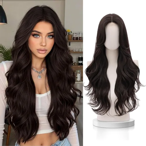 Vista 28 de VERNA - Peluca rubia con flequillo, peluca sintética de aspecto natural, rizada, ondulada de 26 pulgadas, resistente al calor, estilo de parte media