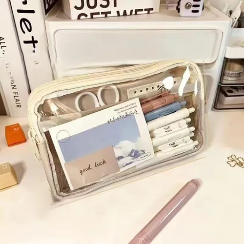 Vista 4 de Estuche para lápices estético transparente, estuche estético para lápices, bonito estuche grande para lápices estético (beige)