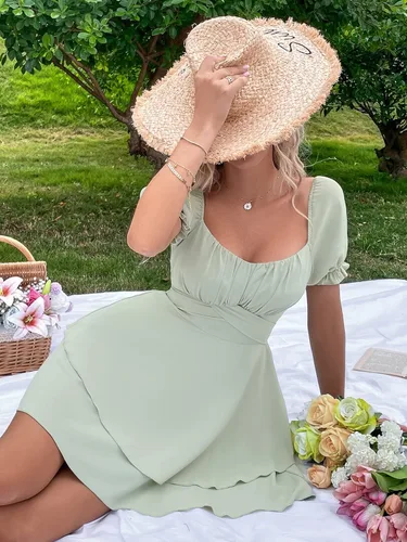 Vista 6 de MakeMeChic Vestido corto de manga corta abombada con volantes en capas para mujer