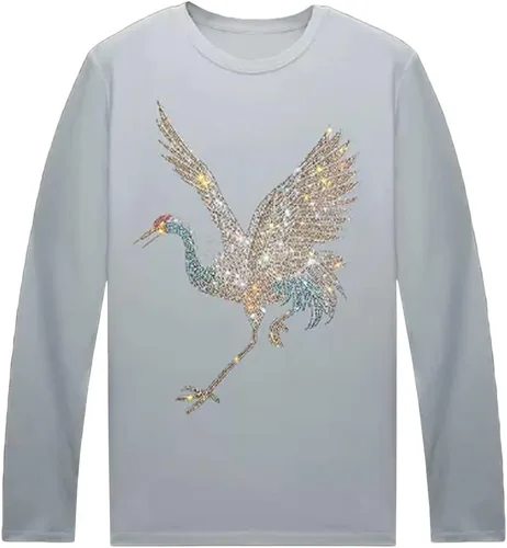 Vista 9 de HZCX FASHION Camisetas gráficas de manga larga para hombre y mujer, camisetas divertidas con diamantes de imitación