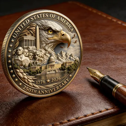 Vista 5 de Moneda del 250 aniversario de Estados Unidos 1776-2026 Mercancía 3D America 250 para celebración patriótica, regalos del Día de la Independencia