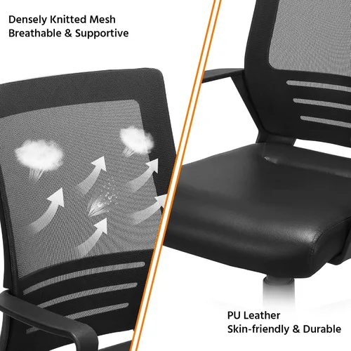 Vista 4 de Yaheetech Silla de oficina de malla con respaldo medio con asiento de cuero, silla ejecutiva para computadora de oficina con reposabrazos y soporte