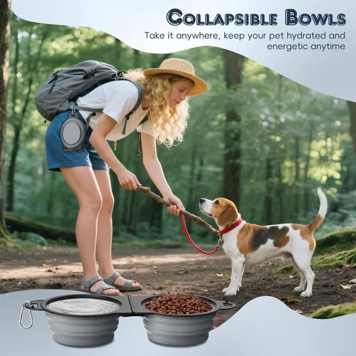 Vista 6 de Pawaboo Cuencos plegables 2 en 1 para perros, cuencos dobles para comida y agua, cuenco de silicona portátil de 180° con gancho de metal, comedero