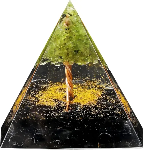 Vista 12 de Pirámide de orgón del árbol de la vida para energía positiva, peridoto de orgonita y cristal curativo de obsidiana para reducir el estrés