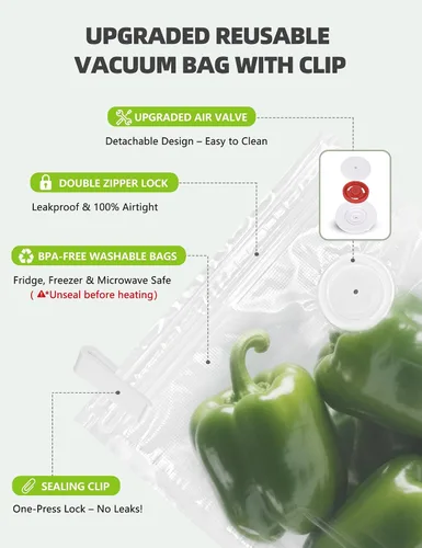 Vista 3 de Bolsas selladoras al vacío, bolsa reutilizable con cremallera al vacío, sin BPA, bolsa de almacenamiento al vacío resistente para alimentos, 15