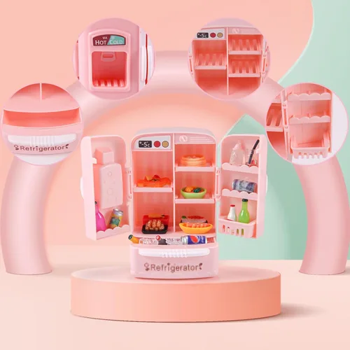 Vista 5 de 95 piezas de refrigerador de casa de muñecas en miniatura, mini nevera, mesa, coche de comedor, juguete con juego de comida, muebles de cocina