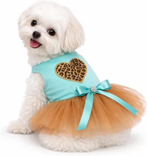 Vista 2 de Petitebella Vestido para perro cachorro con corazón de leopardo (azul aguamarina/dorado, talla XS)