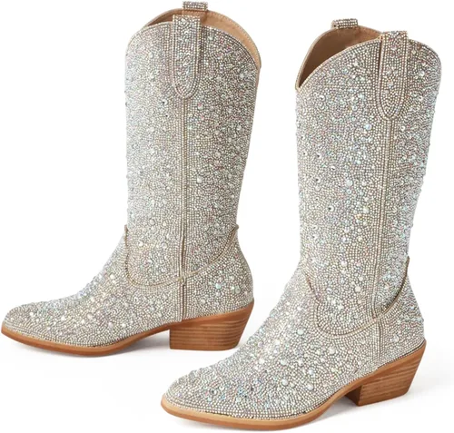 Vista 3 de MUCCCUTE Botas vaqueras con diamantes de imitación para mujer, puntera puntiaguda, tacón de 2.0 in, botas altas hasta la rodilla, botas