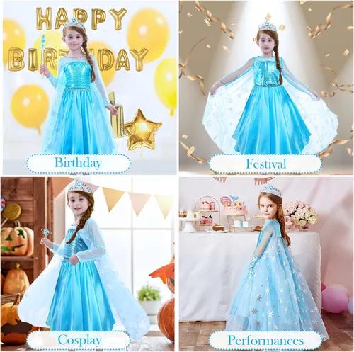 Vista 4 de WOXVM Vestido de princesa Elsa para niñas pequeñas, disfraz de Elsa de lujo para Halloween, cosplay, fiesta de cumpleaños con accesorios