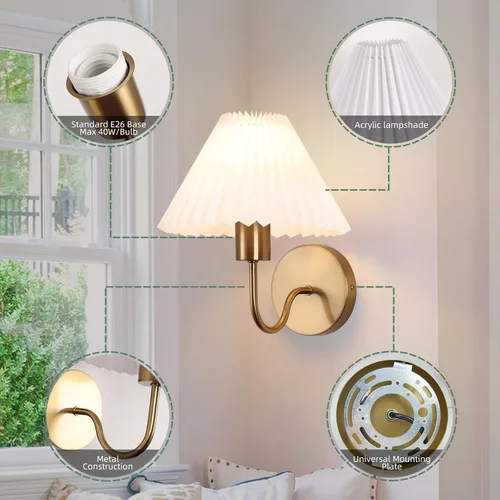 Vista 4 de Juego de 2 apliques de pared de latón cepillado con pantalla plisada blanca, lámpara de pared dorada de cuello de cisne para interiores, tocador