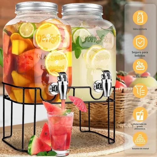 Vista 3 de Dispensadores de bebidas de vidrio de 1 galón para fiestas, dispensador de bebidas de limonada con soporte y grifo para barbacoa, picnic, fiesta