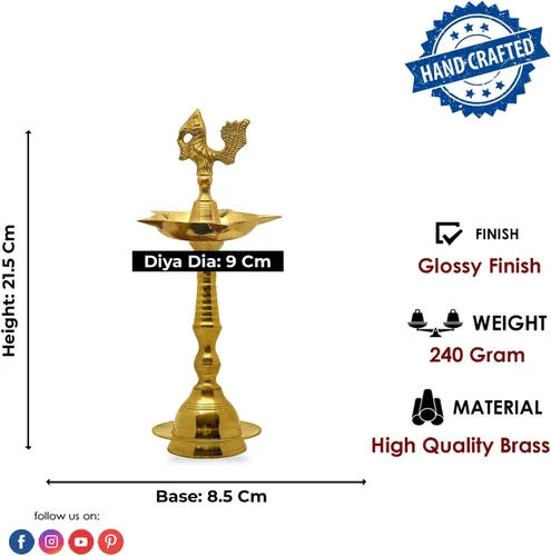 Vista 3 de SATVIK Juego de 2 piezas de 8.5 pulgadas de latón de pie con diseño de pavo real Kerala Samai Deepak Puja tradicional Panchmahal Pooja Deepam Diya