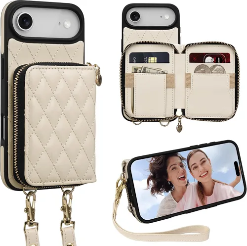 Vista 55 de Funda para iPhone 12 Pro/iPhone 12 de 6.1 pulgadas, cartera cruzada con cremallera para mujer, tarjetero con bloqueo RFID, funda de cuero con Negro