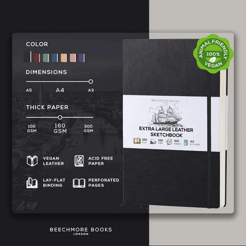 Vista 2 de Beechmore Books Cuaderno de bocetos A3 – 11.7 x 16.5 pulgadas de cuero vegano de primera calidad, tapa dura, 160gsm, 160 páginas perforadas