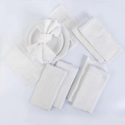 Vista 52 de FINGERCRAFT Servilletas de tela de lino y algodón de 12 unidades con esquinas ingletadas y elegante encaje para uso diario; las servilletas están
